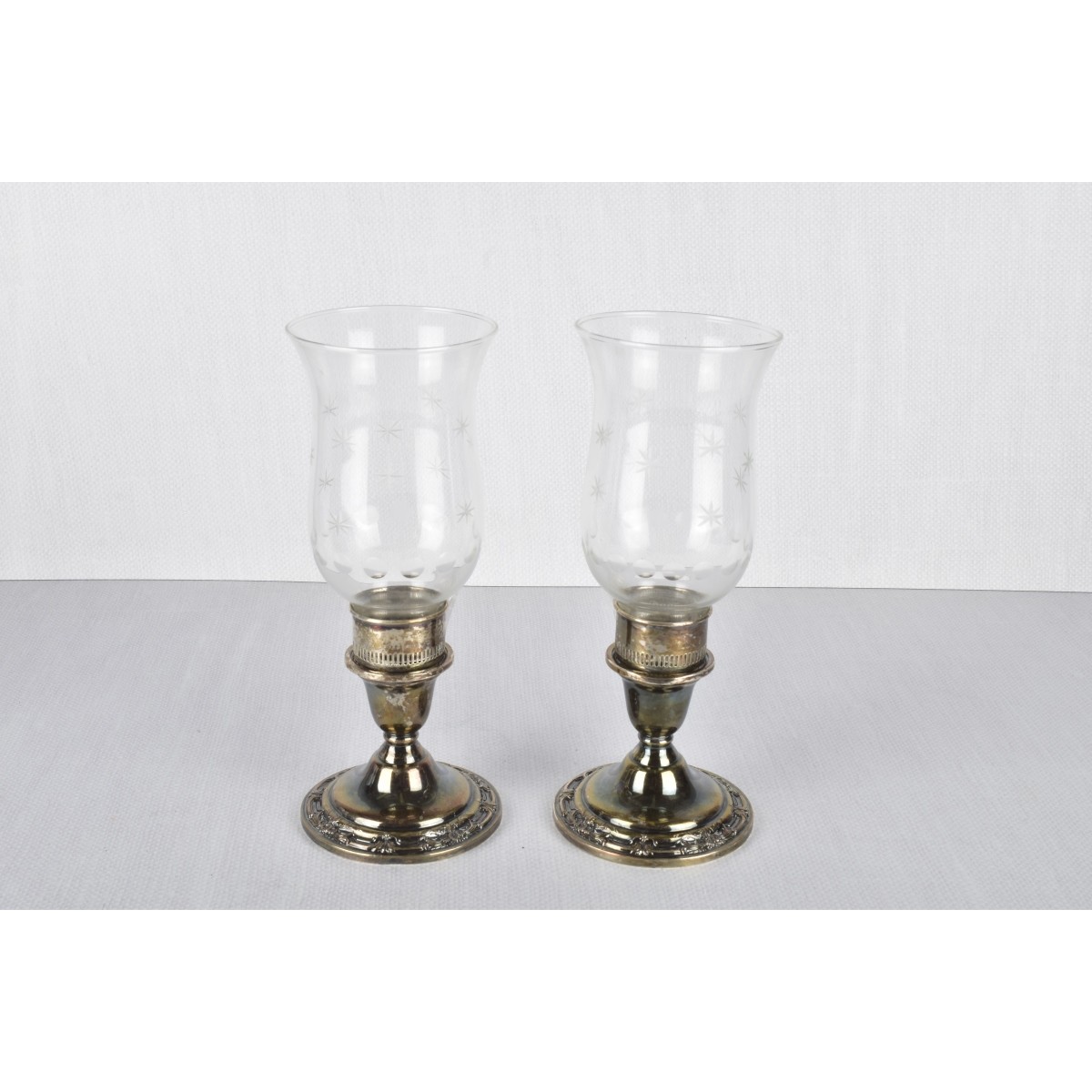 Pair Sterling & Etched Glass Candlesticks