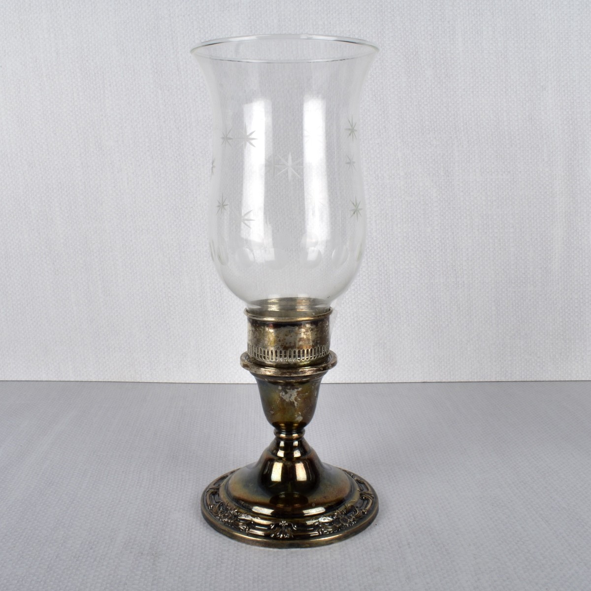 Pair Sterling & Etched Glass Candlesticks