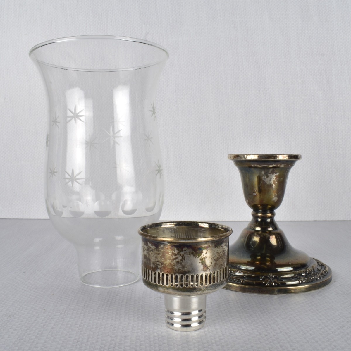 Pair Sterling & Etched Glass Candlesticks