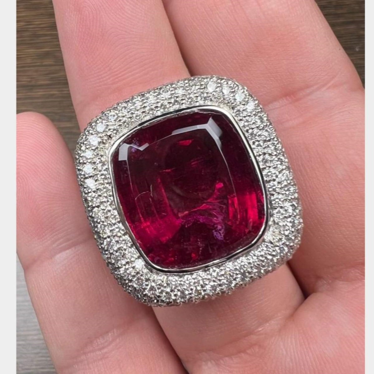 Rubelite, Diamond and Platinum Ring