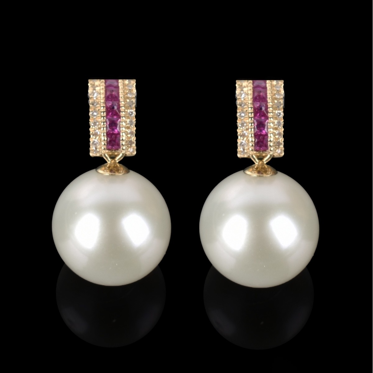 Pearl, Ruby, Diamond and 18K Earrings