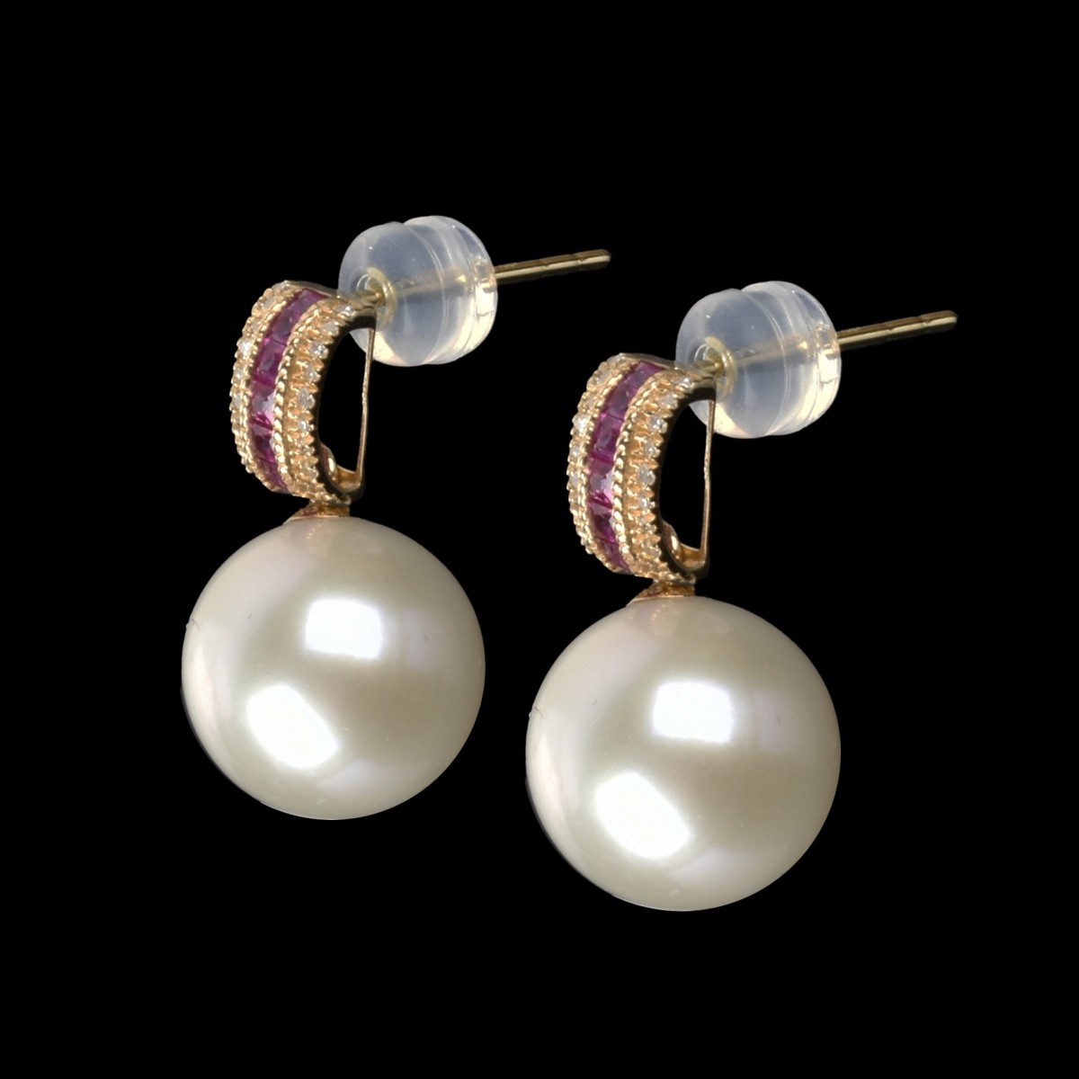 Pearl, Ruby, Diamond and 18K Earrings