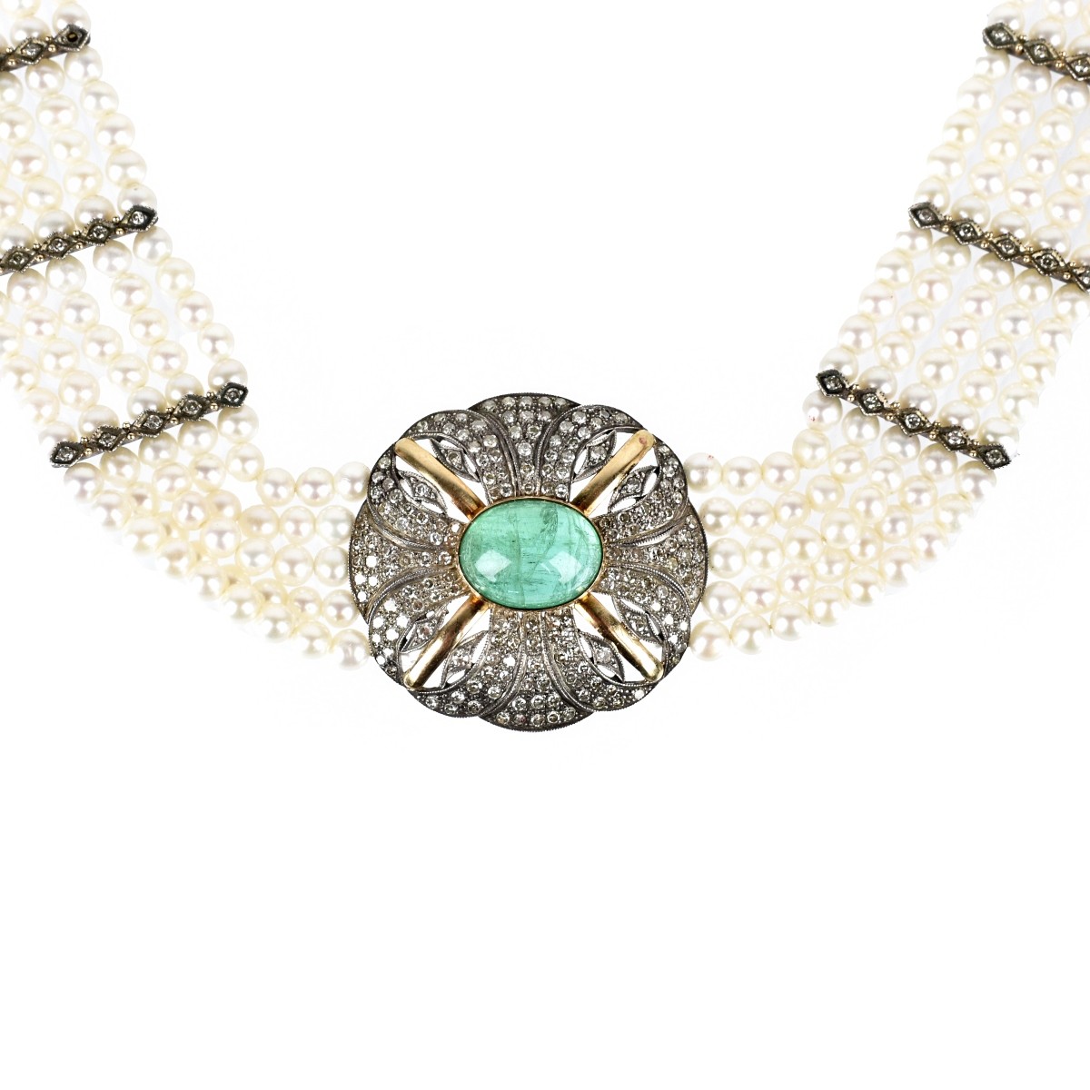 Emerald, Diamond, Pearl and 14K Necklace