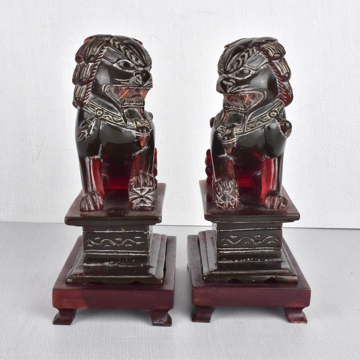 Pr Ruby Amber Foo Dogs on Wooden Bases