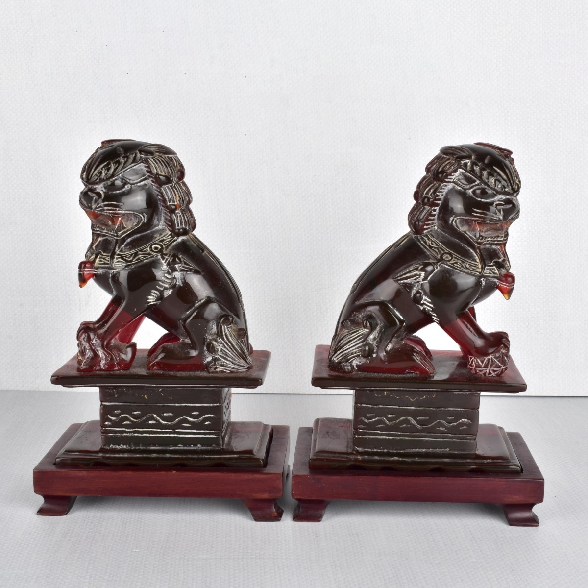 Pr Ruby Amber Foo Dogs on Wooden Bases