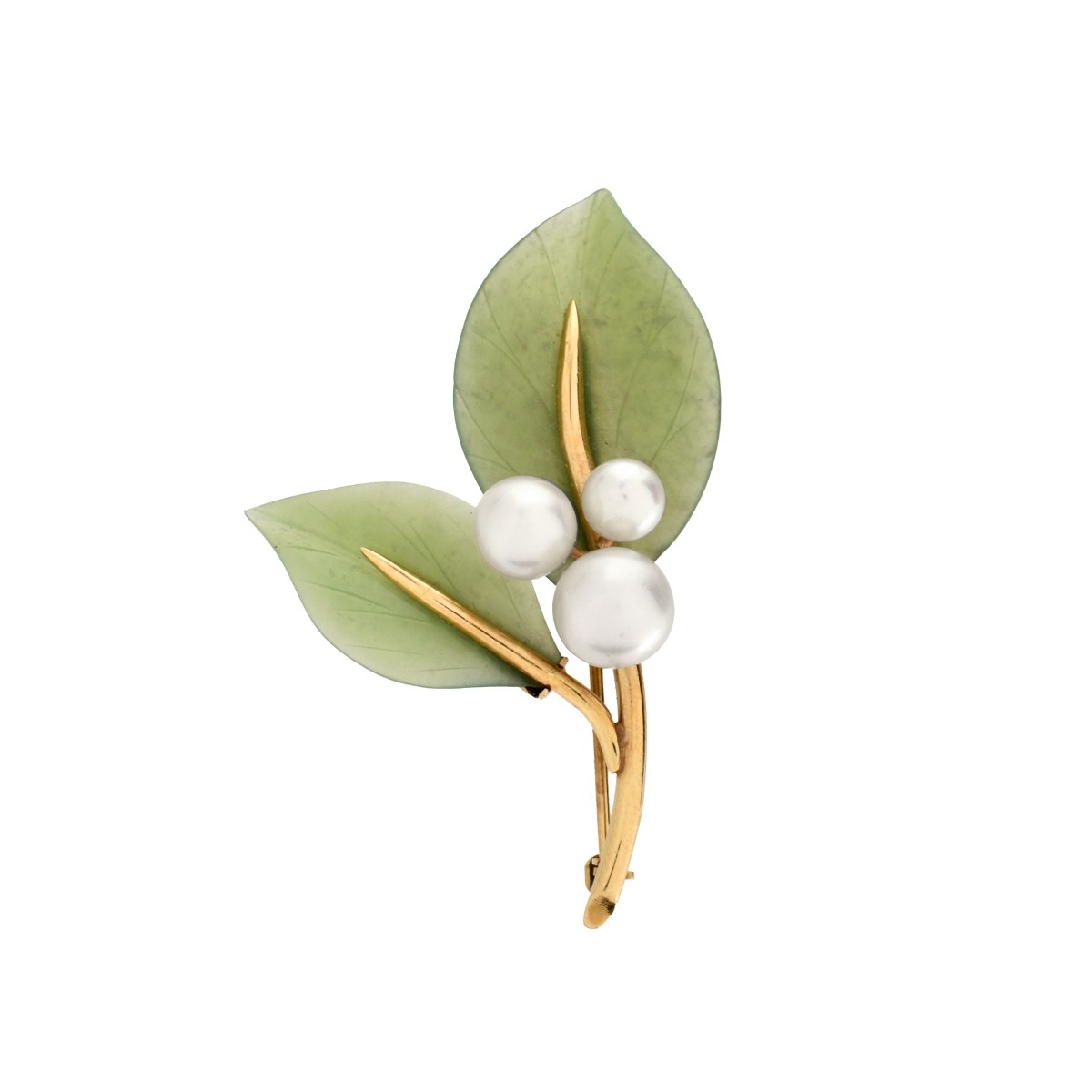 Gumps Jade, Pearl and 18K Brooch