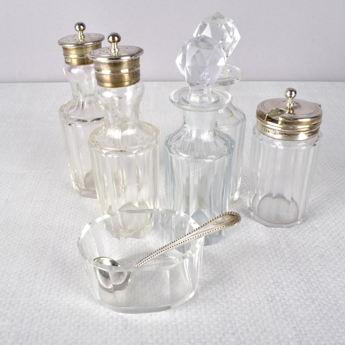 Silverplate Condiment Set and a Biscuit Jar