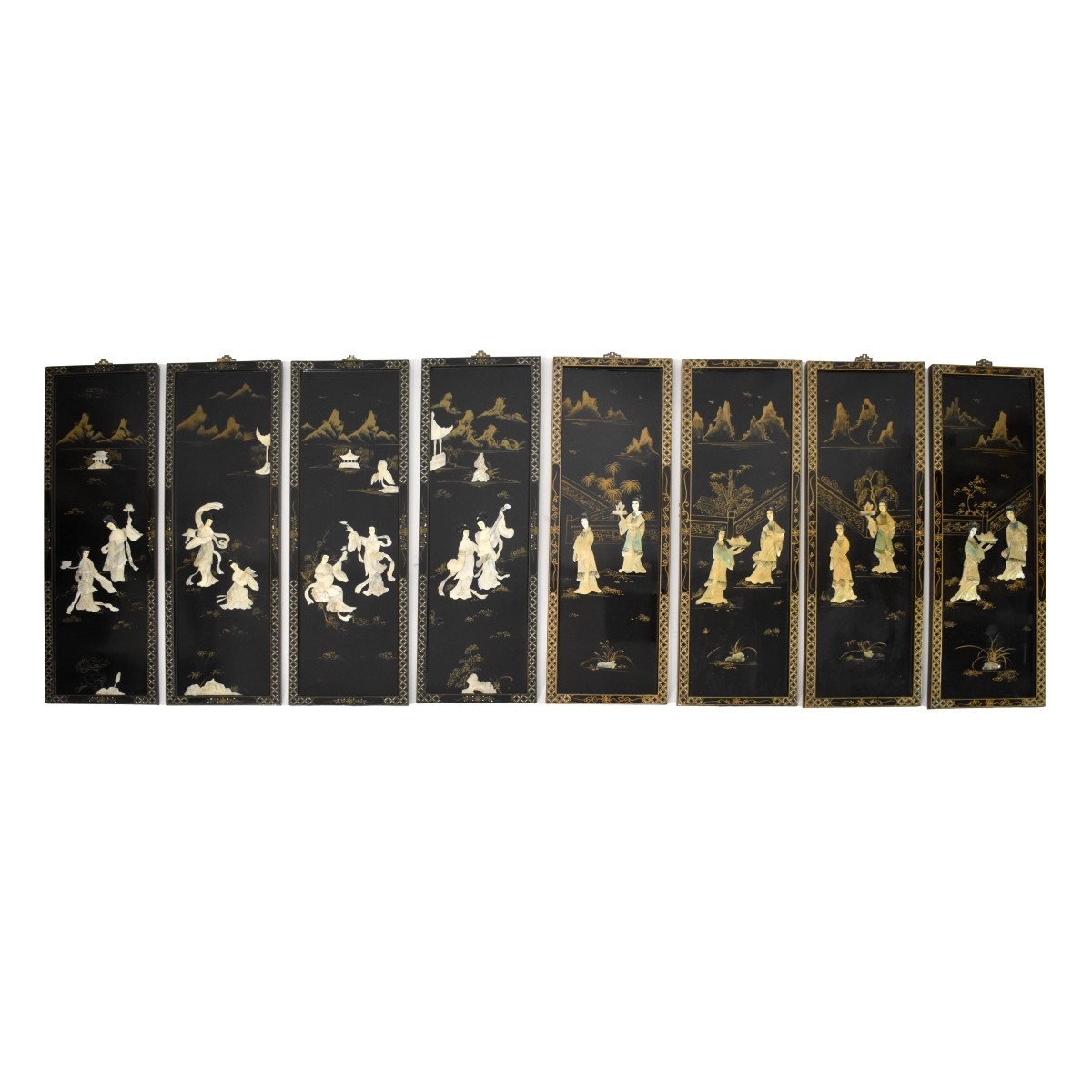 8 Chinese Mother of Pearl Black Lacquer Panels