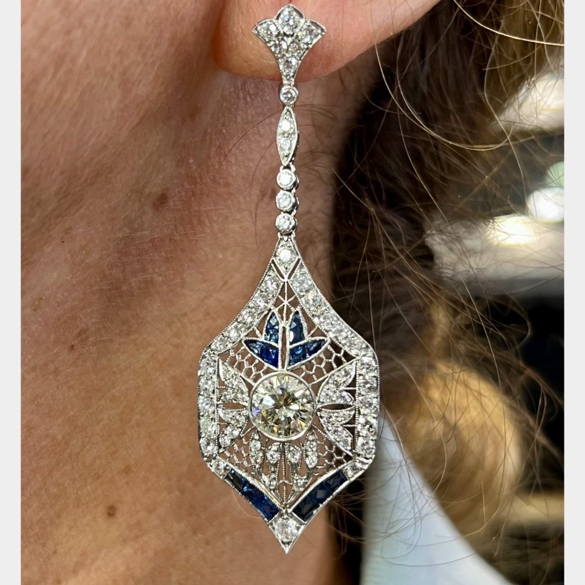 Diamond, Sapphire and Platinum Earrings