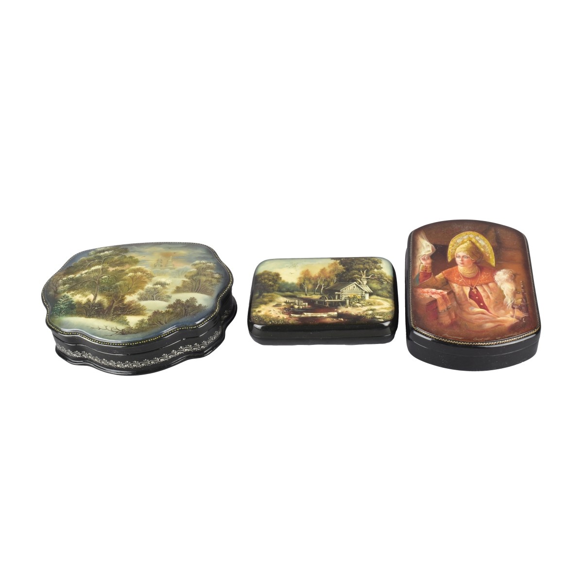 Vintage Russian Black Lacquered Paper Mache Boxes