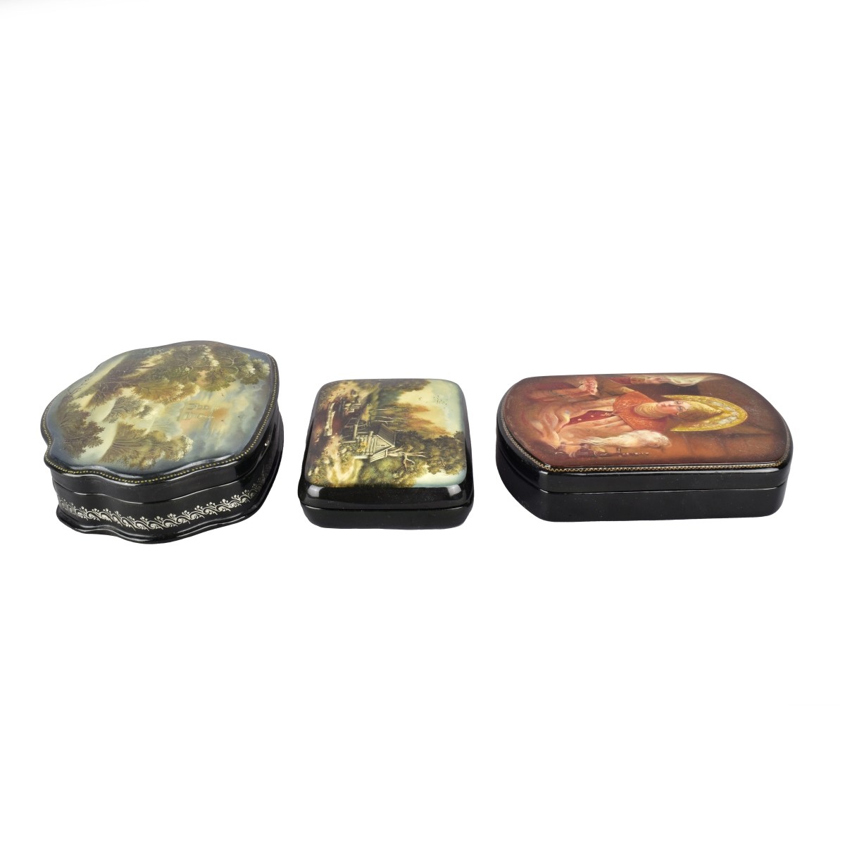 Vintage Russian Black Lacquered Paper Mache Boxes