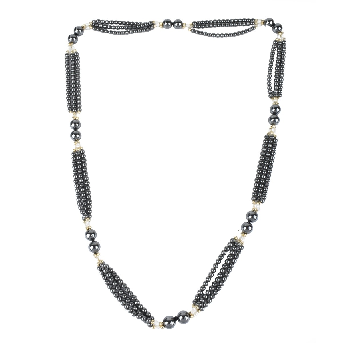 Fine Hematite, Gold and Pearl Long Necklace