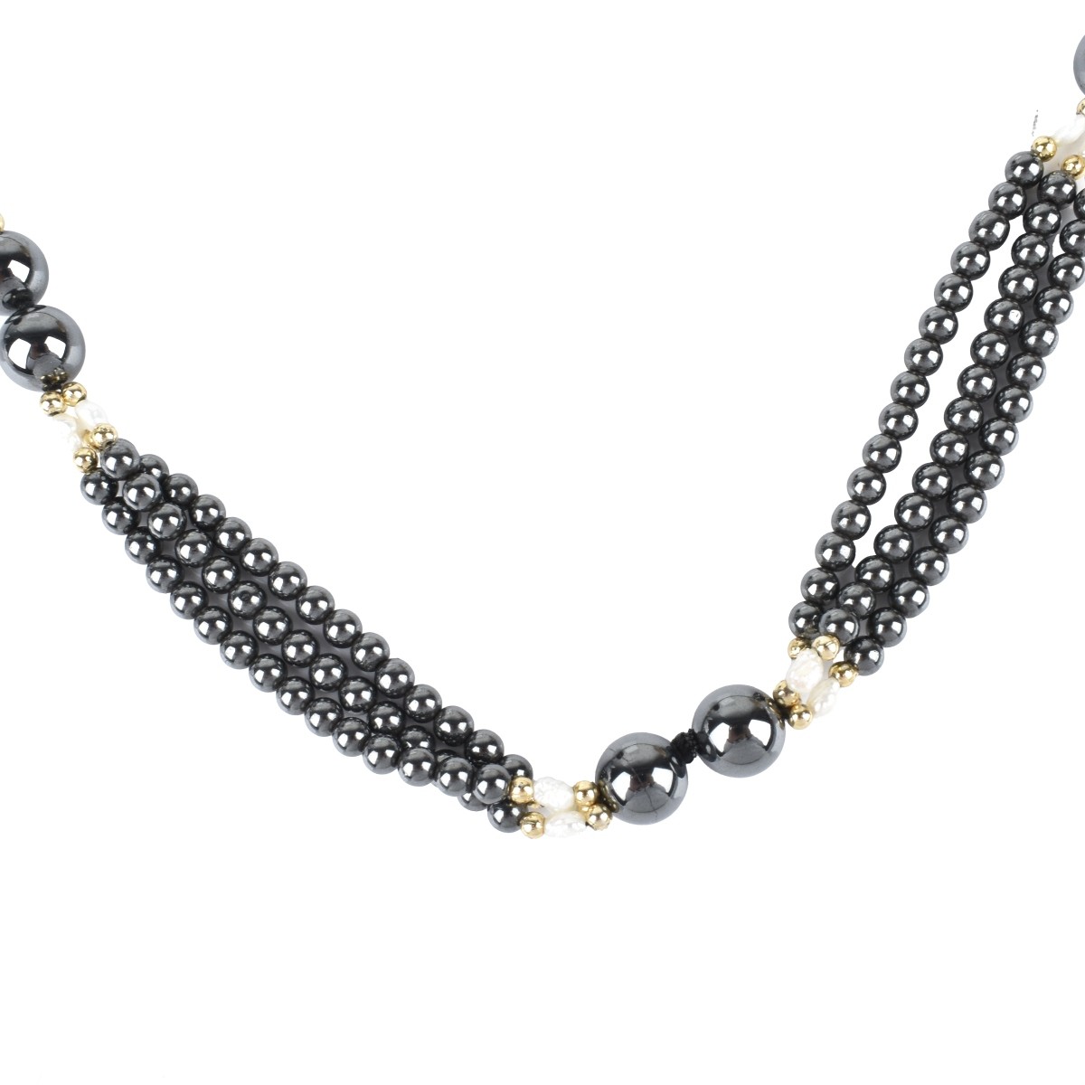 Fine Hematite, Gold and Pearl Long Necklace