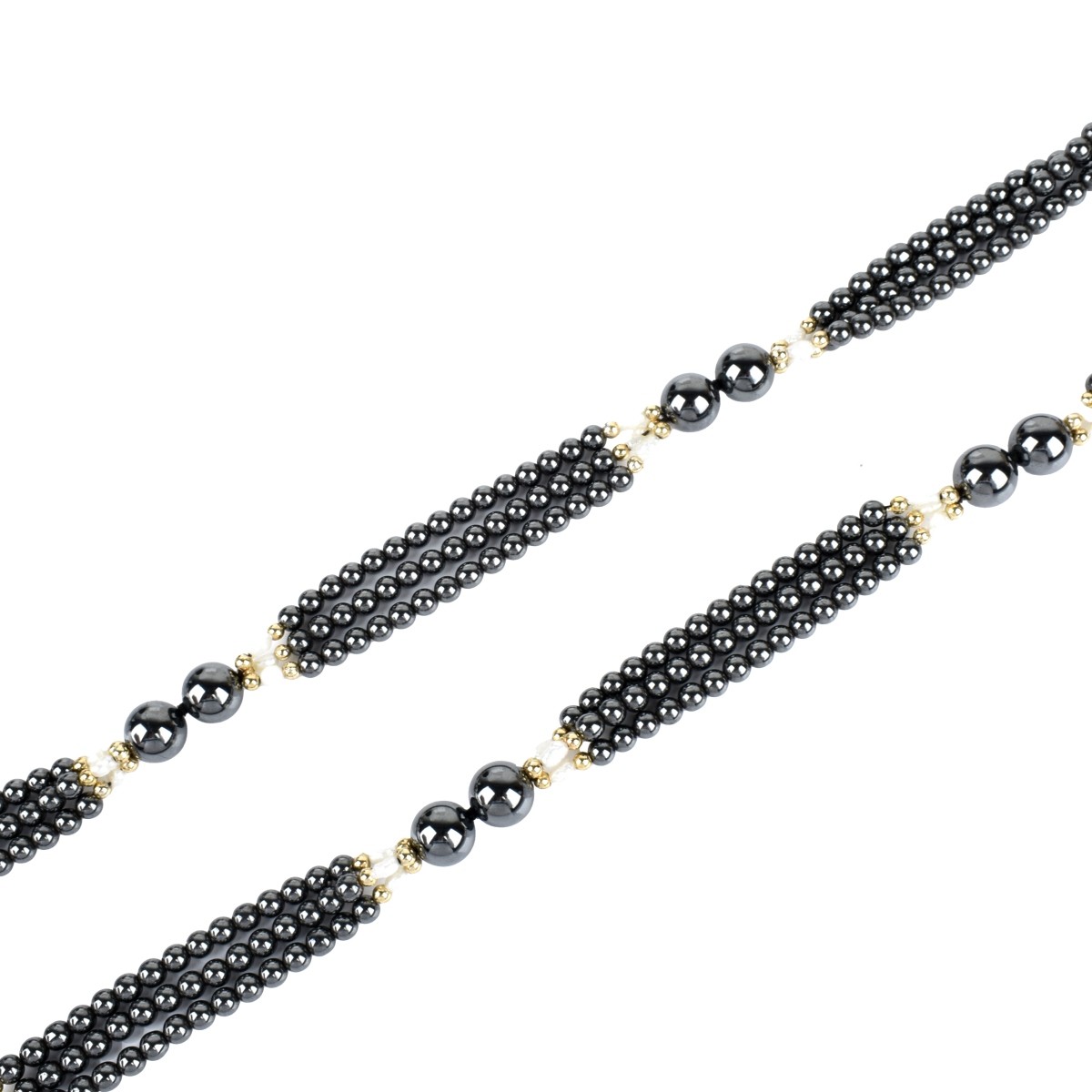 Fine Hematite, Gold and Pearl Long Necklace