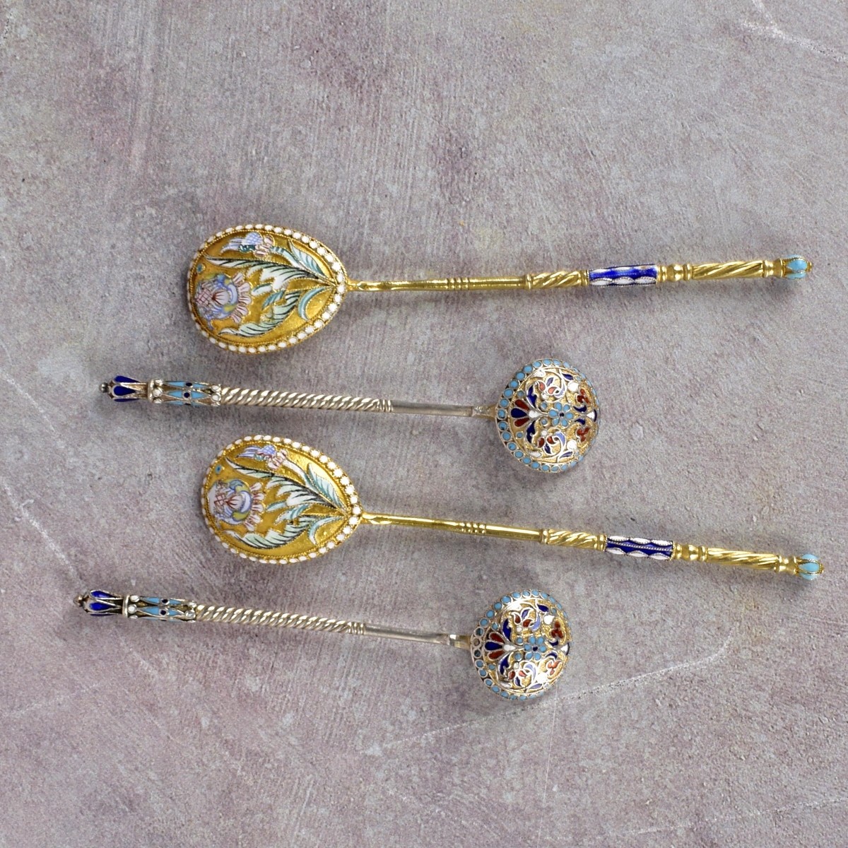 Russian Cloisonne Enameled Silver Spoons