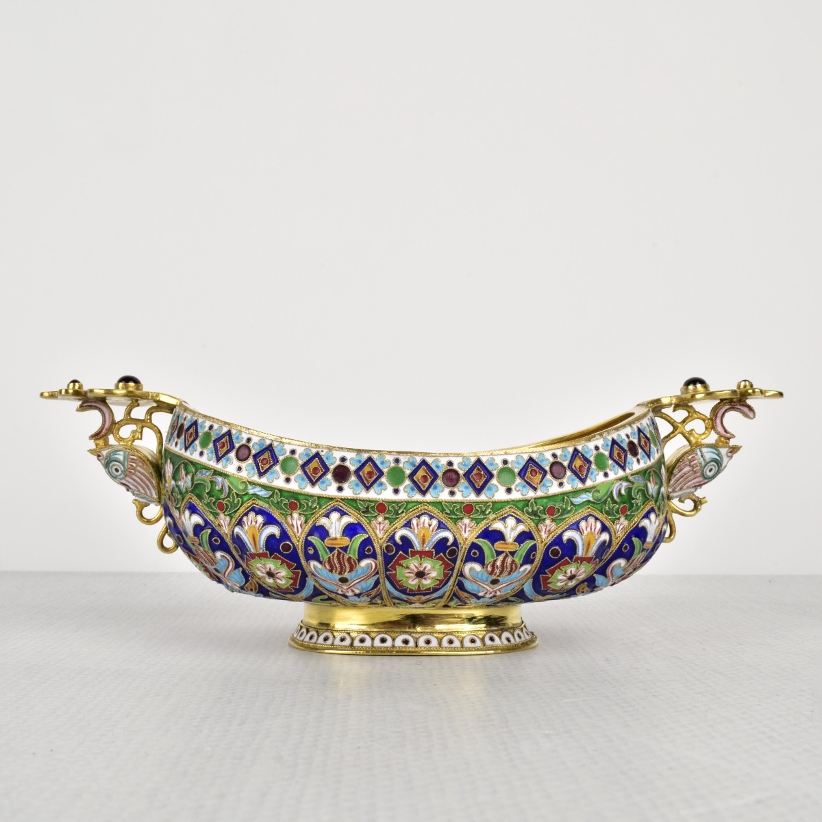 Russian Silver-Gilt and Cloisonne Enamel Oval Bowl