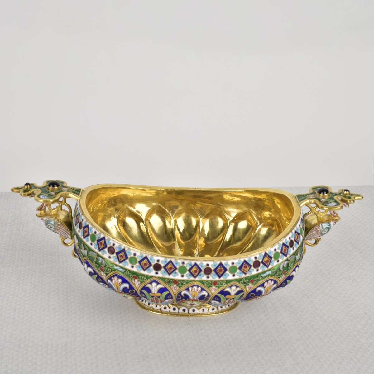 Russian Silver-Gilt and Cloisonne Enamel Oval Bowl