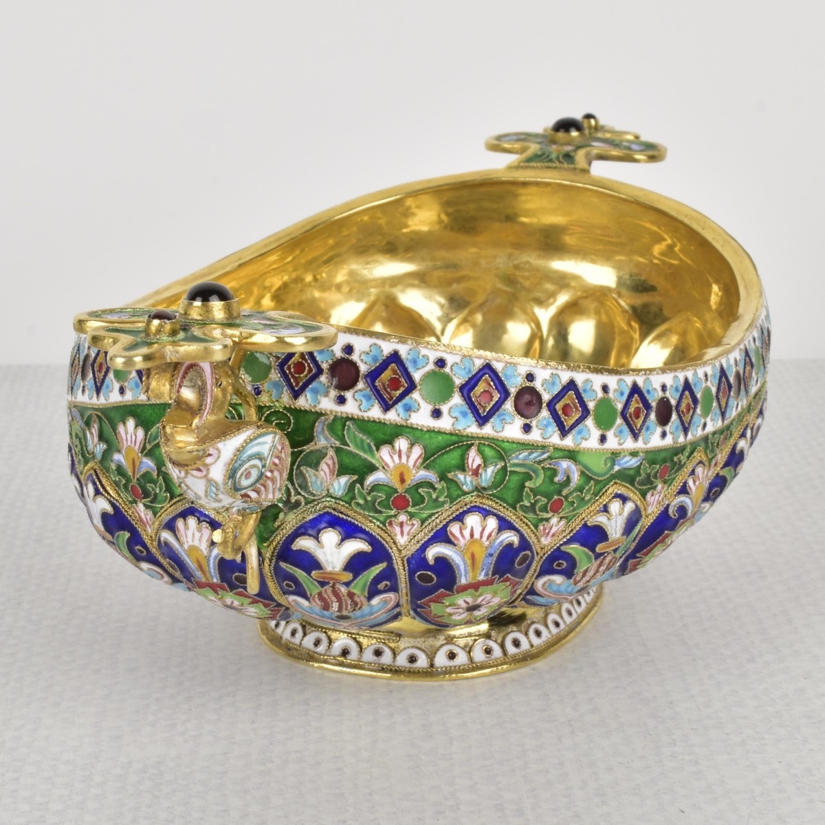 Russian Silver-Gilt and Cloisonne Enamel Oval Bowl