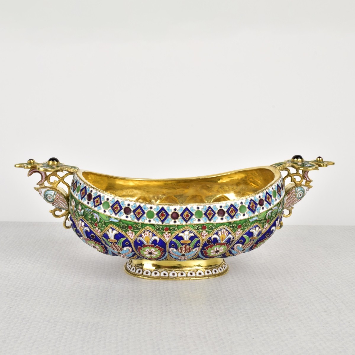 Russian Silver-Gilt and Cloisonne Enamel Oval Bowl