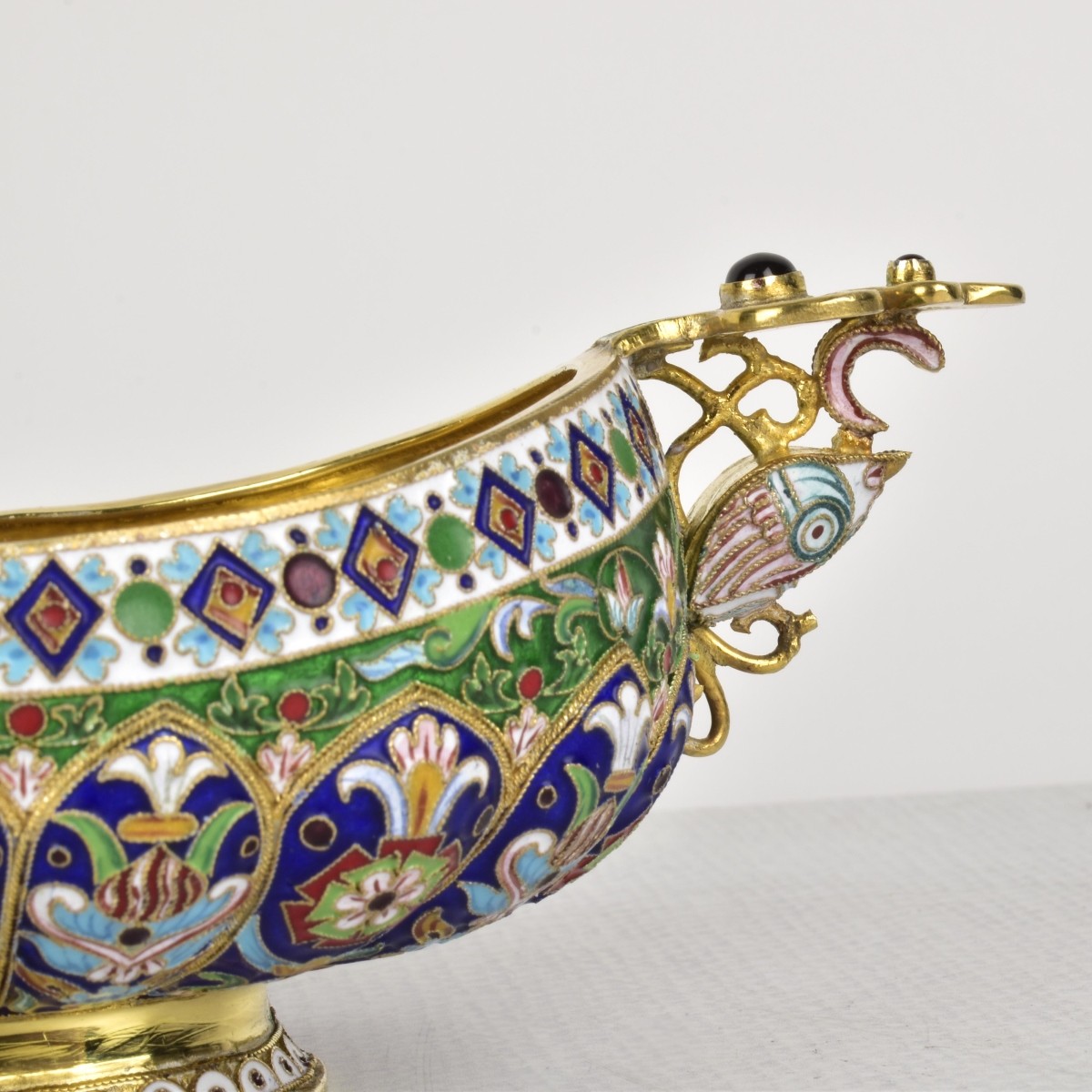 Russian Silver-Gilt and Cloisonne Enamel Oval Bowl