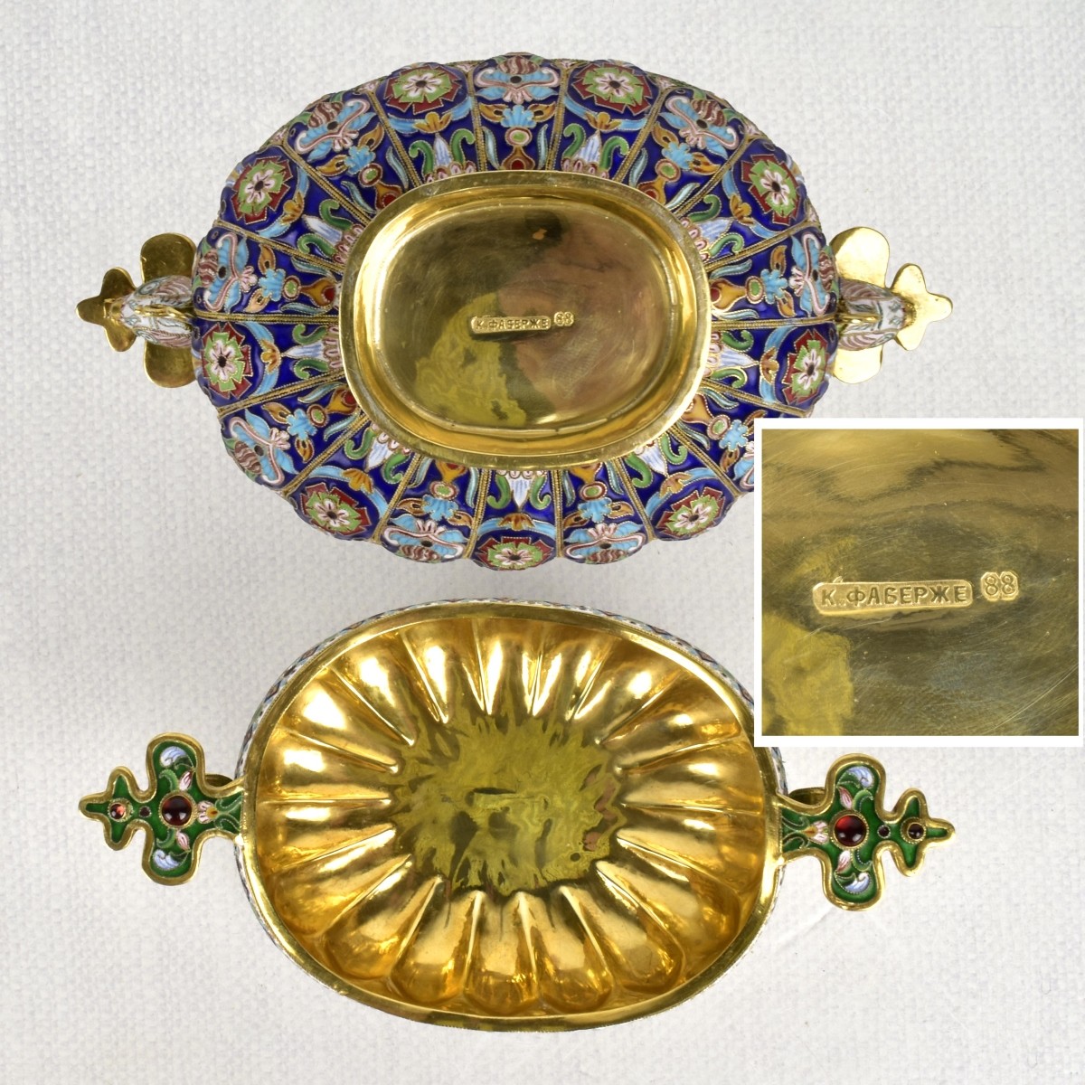 Russian Silver-Gilt and Cloisonne Enamel Oval Bowl