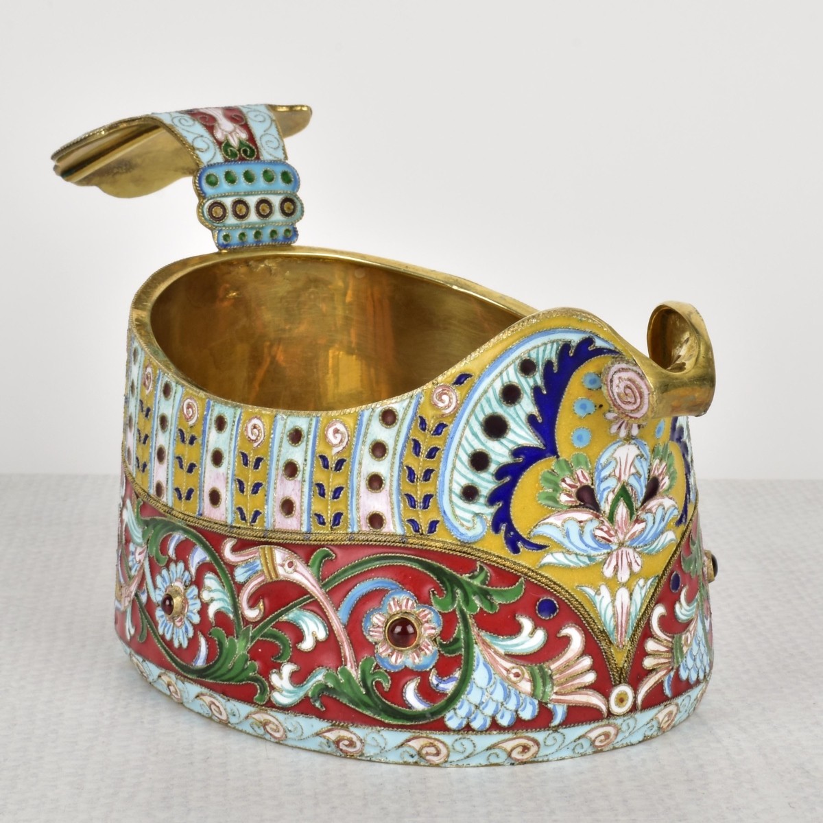 Russian Silver-Gilt and Cloisonne Enamel Kvosh Cup