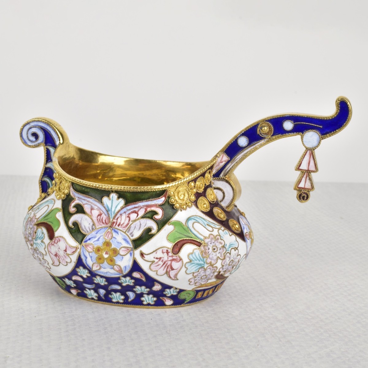 Russian Silver-Gilt and Cloisonne Enamel Kvosh Cup