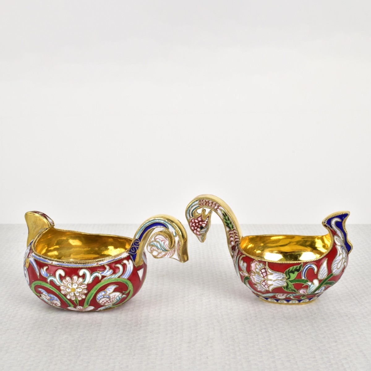 Russian Silver-Gilt and Cloisonne Kvosh Cups