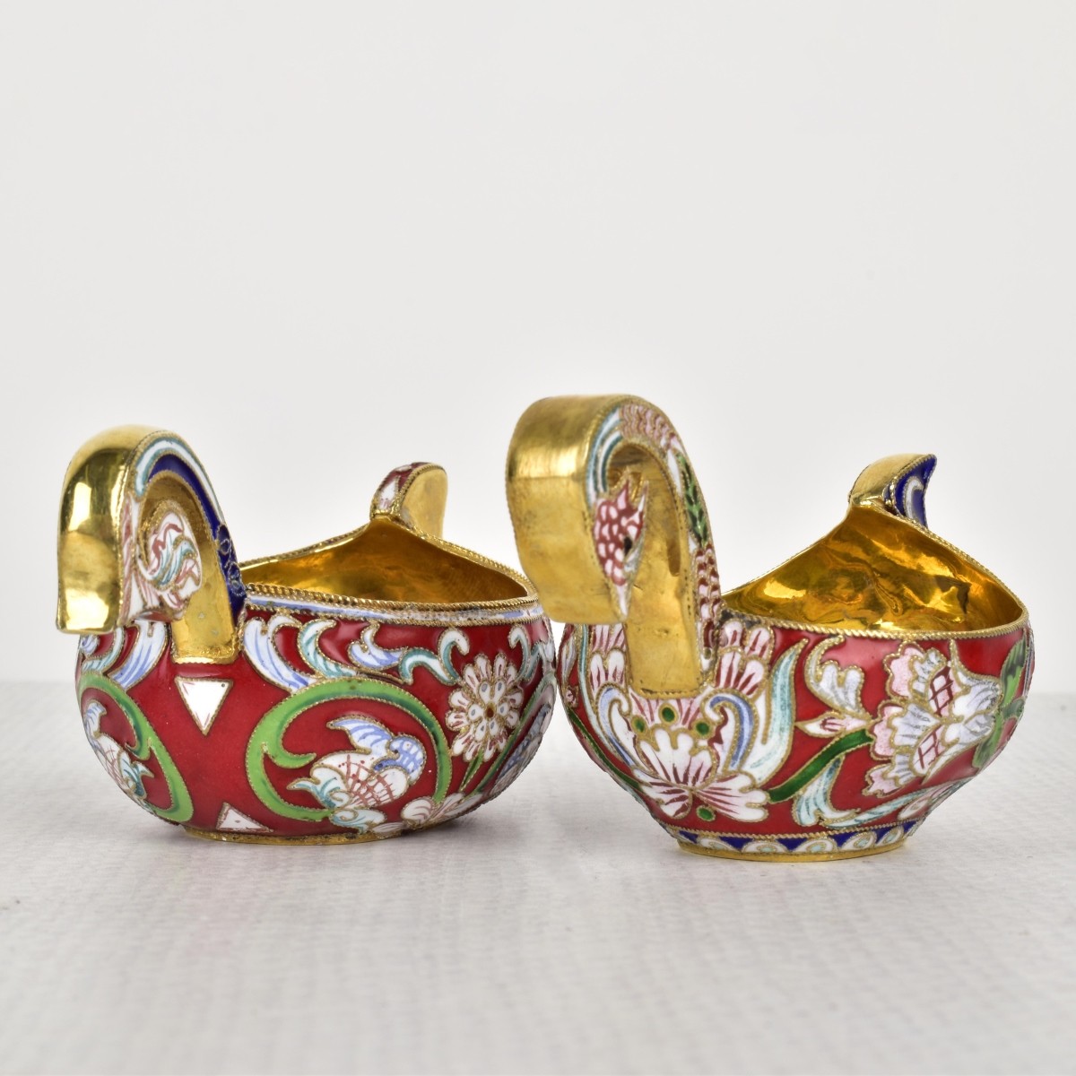 Russian Silver-Gilt and Cloisonne Kvosh Cups