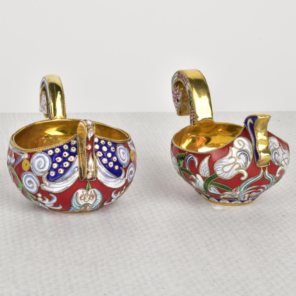 Russian Silver-Gilt and Cloisonne Kvosh Cups