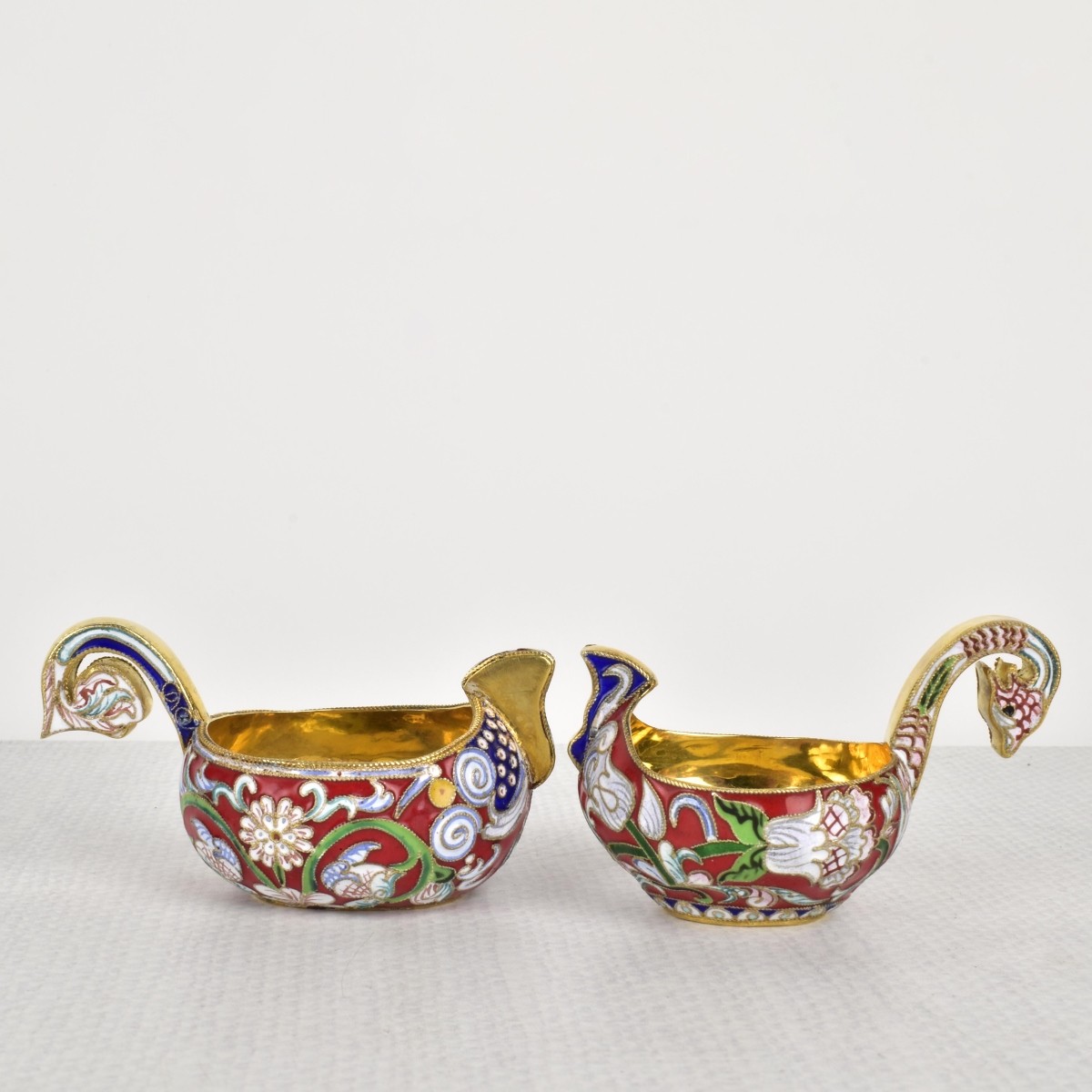 Russian Silver-Gilt and Cloisonne Kvosh Cups