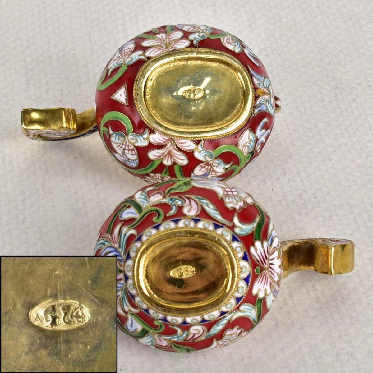 Russian Silver-Gilt and Cloisonne Kvosh Cups