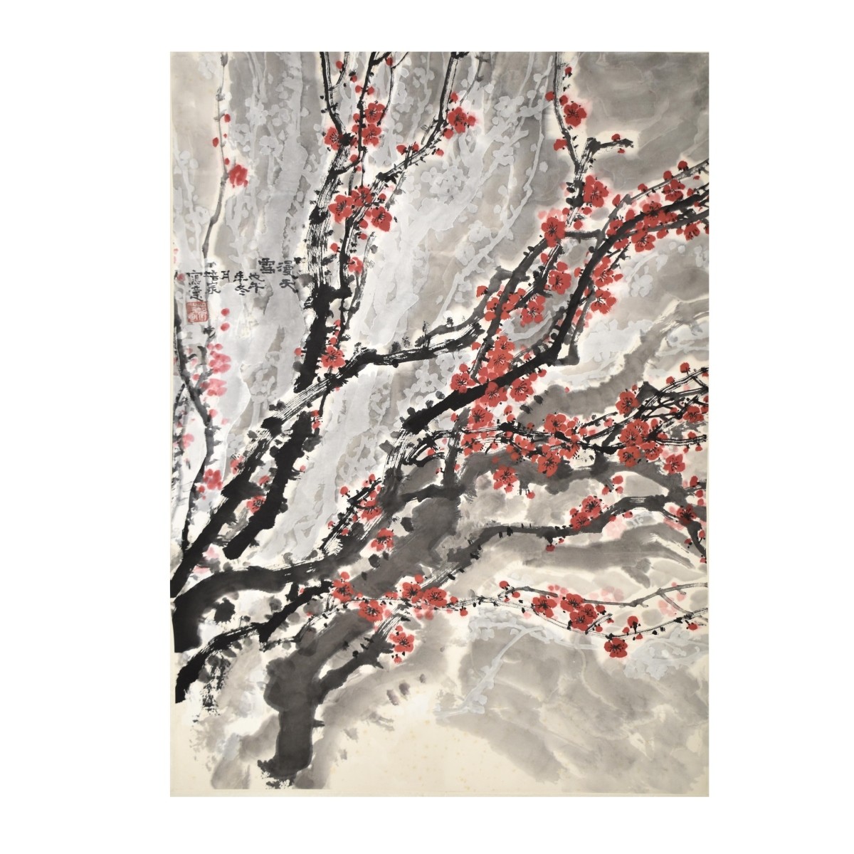 Antique Chinese Scroll Painting of Cherry Blossoms