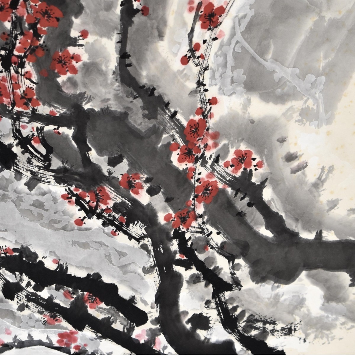 Antique Chinese Scroll Painting of Cherry Blossoms