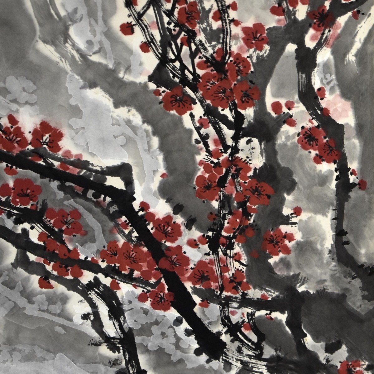 Antique Chinese Scroll Painting of Cherry Blossoms