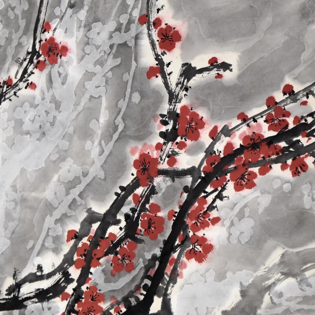 Antique Chinese Scroll Painting of Cherry Blossoms