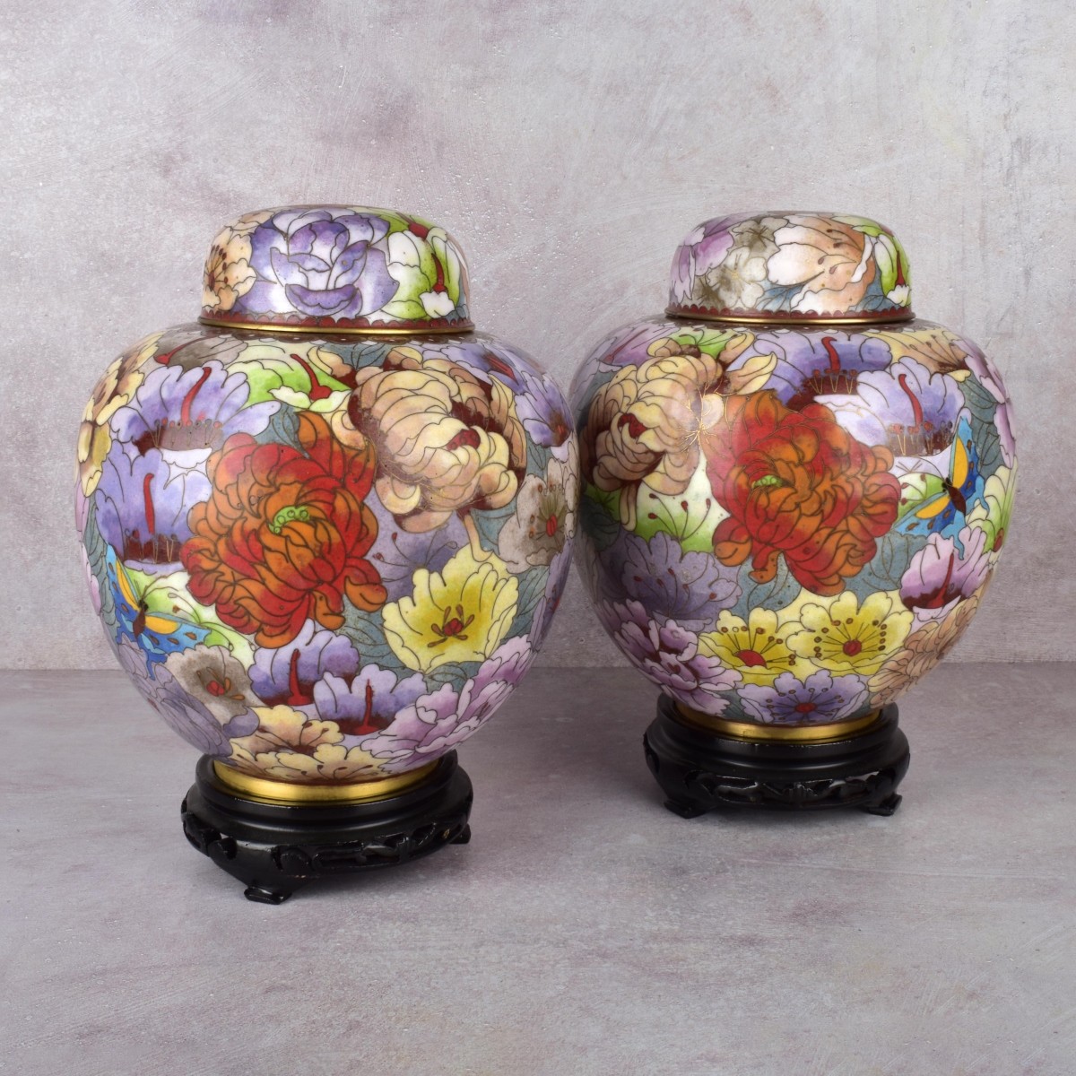 Pair Cloisonne Ginger Jars with Covers