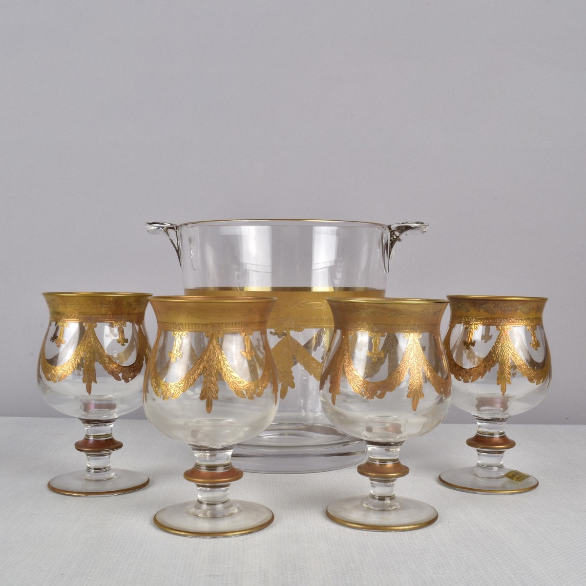 Heavy Gold Ice Bucket and Brandy Glasses