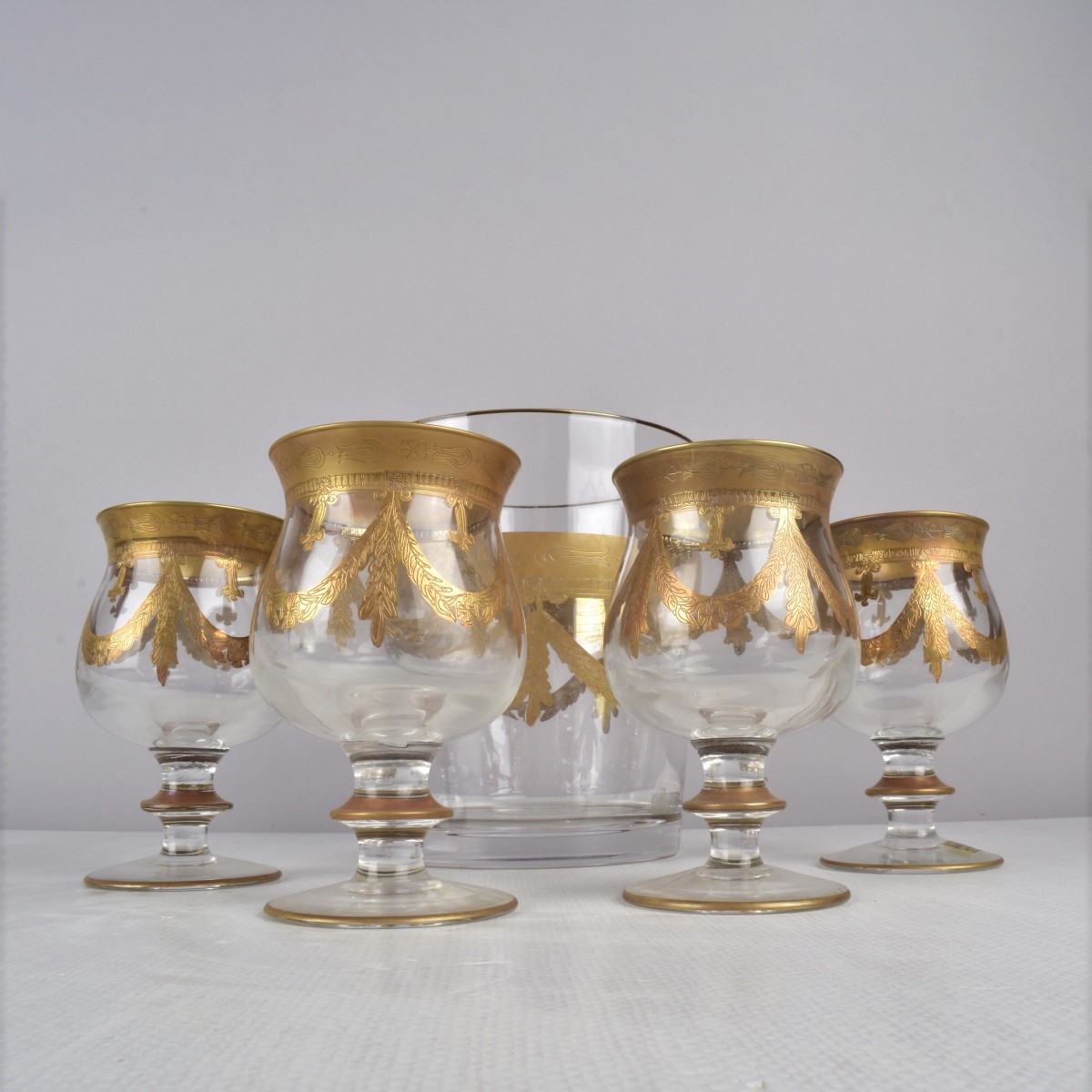 Heavy Gold Ice Bucket and Brandy Glasses