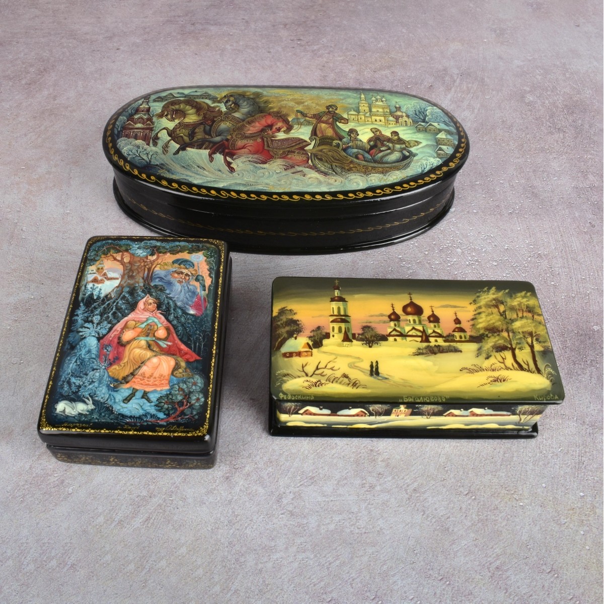 Collection of Vintage Russian Paper Mache Boxes