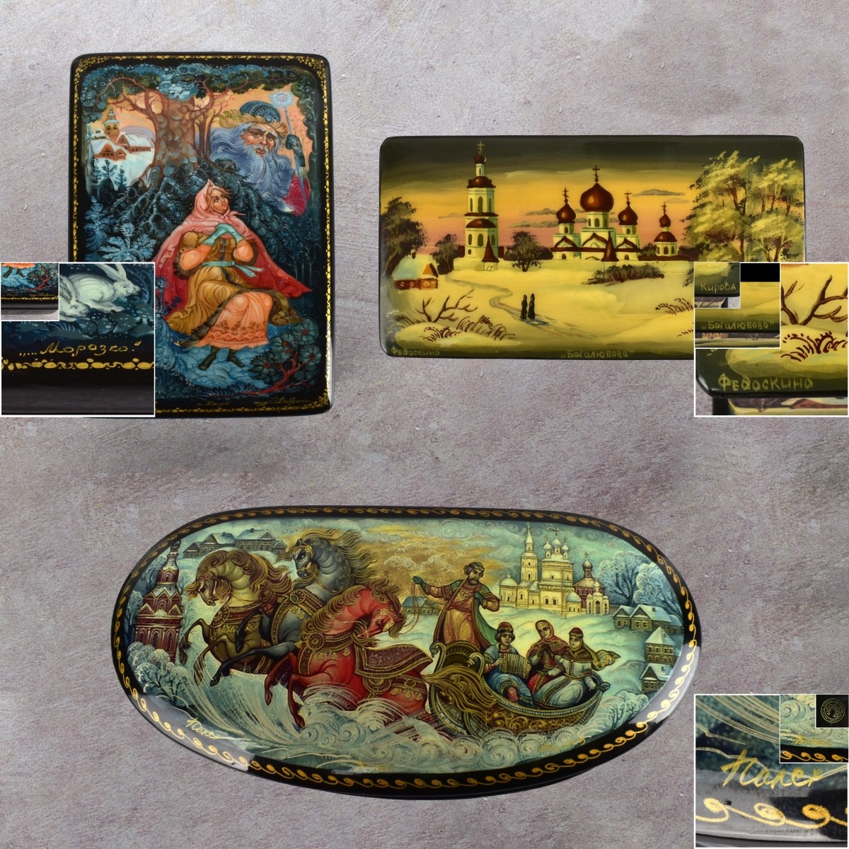 Collection of Vintage Russian Paper Mache Boxes