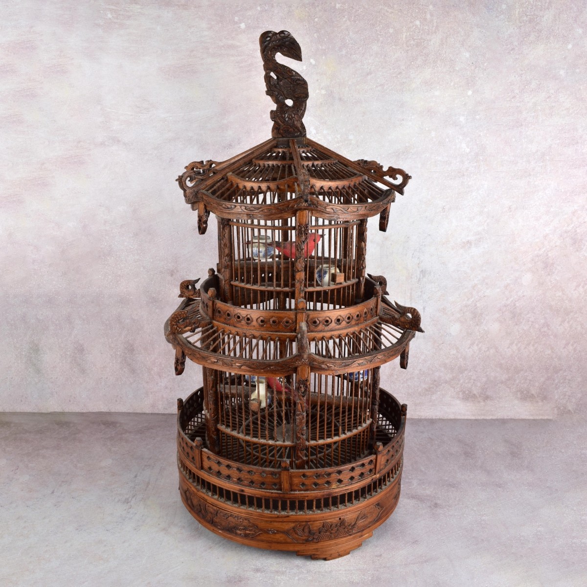 Vintage Chinese Two Tier Bamboo Birdcage