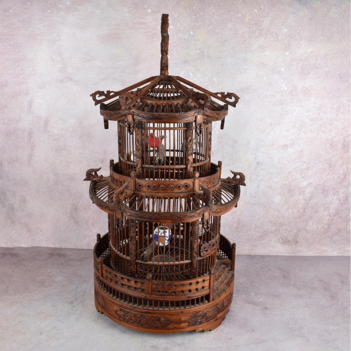 Vintage Chinese Two Tier Bamboo Birdcage