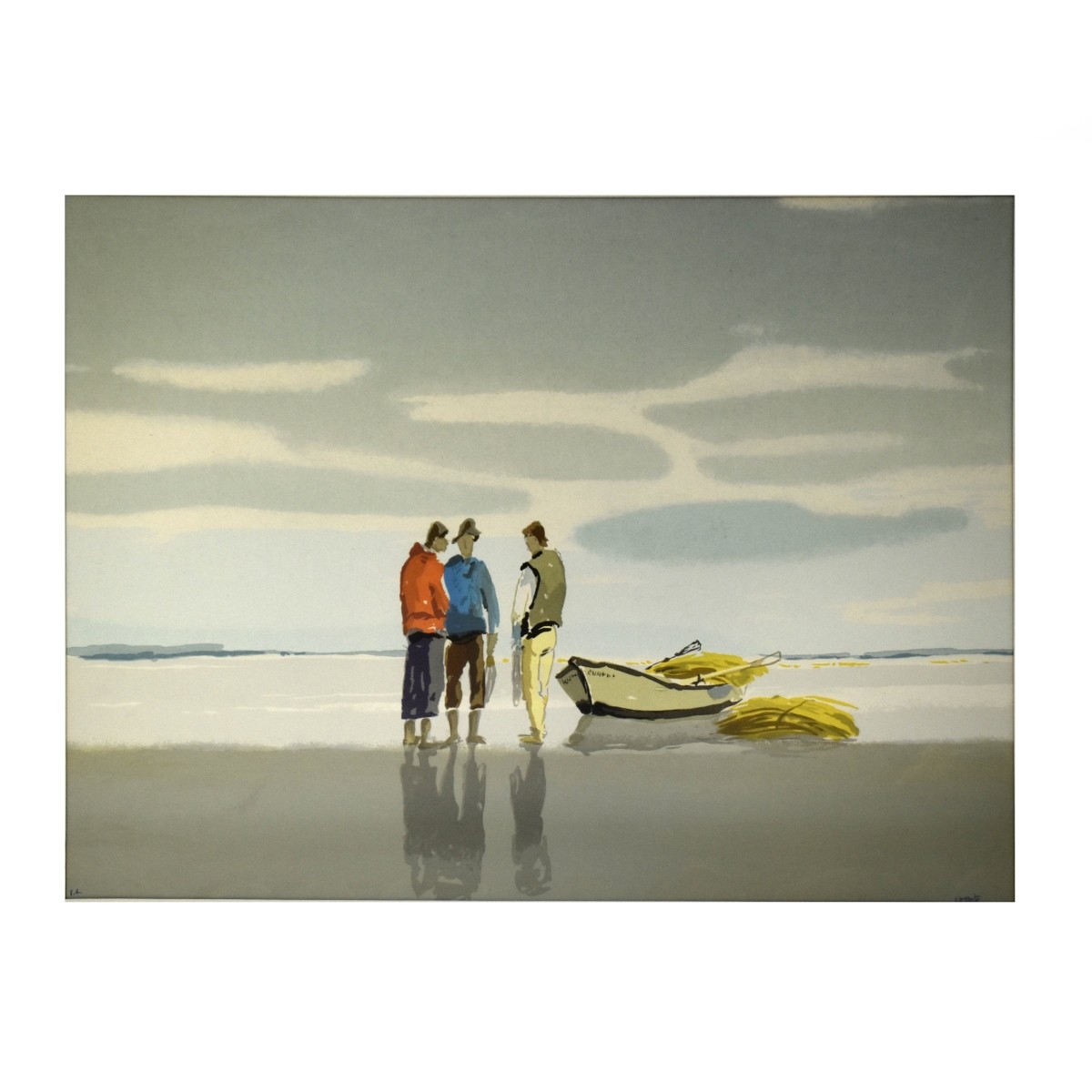 Beach Scene with Boat and Men Lithograph