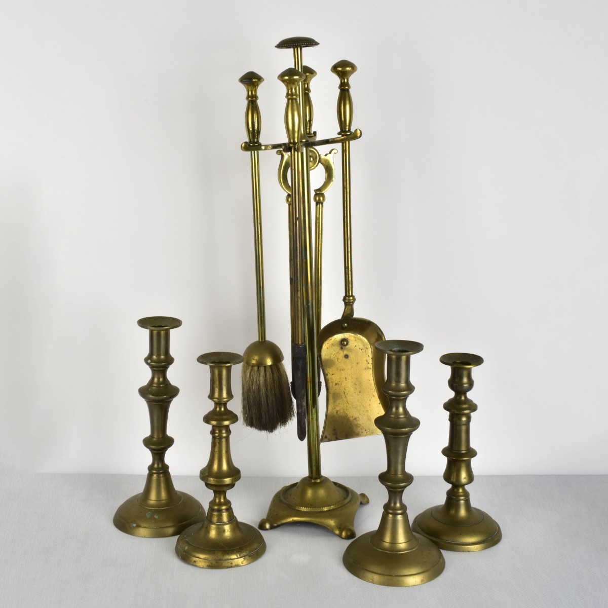 Brass Fire Place Tools, Candlesticks and Sad Iron