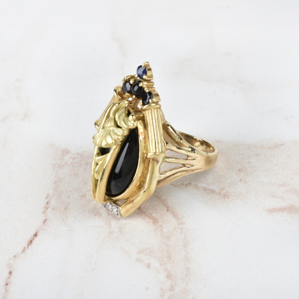 Onyx, Sapphire and 14K Ring