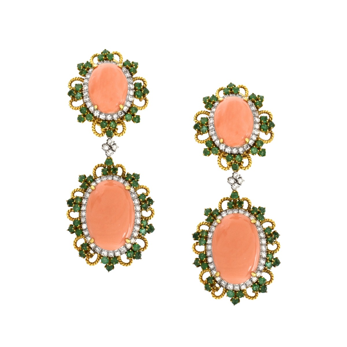 Coral, Diamond, Emerald and 18K Earrings