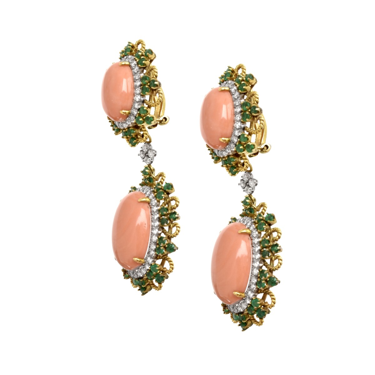 Coral, Diamond, Emerald and 18K Earrings