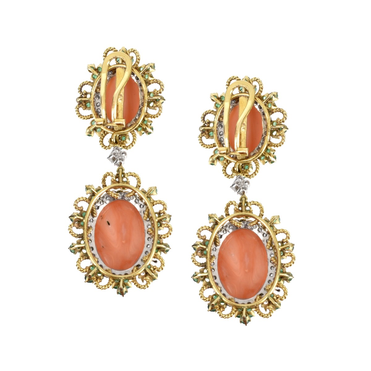 Coral, Diamond, Emerald and 18K Earrings