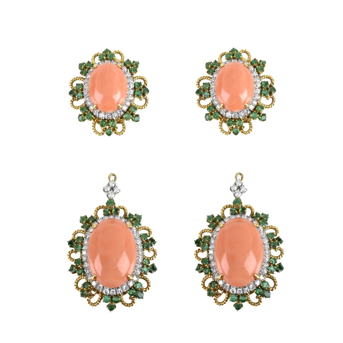 Coral, Diamond, Emerald and 18K Earrings